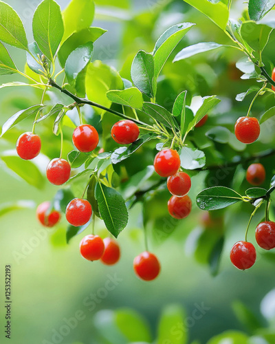 Fresh red berries on green branch, showcasing nature beauty and abundance
