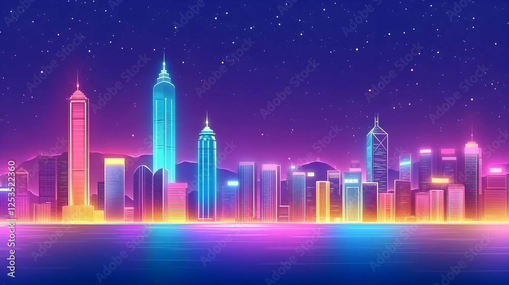 Neon city skyline at night with star-filled sky. Futuristic urban scenery for posters, website backgrounds and digital media projects Neon city skyline at night with star-filled sky. Futuristic urban scenery for posters, website backgrounds and digital media projects