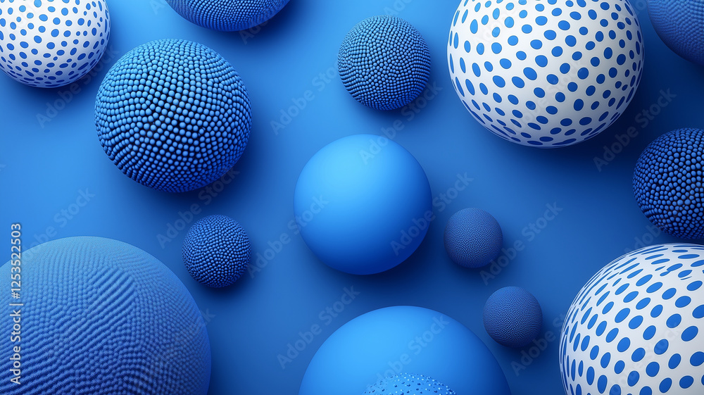 Fototapeta premium Blue spheres with various textures and patterns on blue background create visually striking composition. arrangement of these spheres adds depth and interest to design