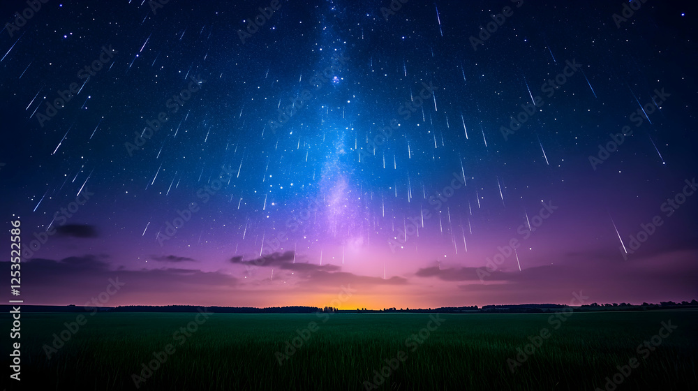 Night sky showing meteors falling over fields. Background includes stars and galaxy. Possible for science or educational use Night sky showing meteors falling over fields. Background includes stars and galaxy. Possible for science or educational use