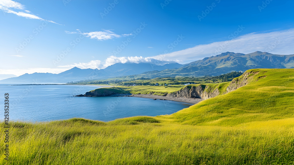 Picturesque coastline with lush green hills under a blue sky, mountains in the background, for travel promotion materials Picturesque coastline with lush green hills under a blue sky, mountains in the background, for travel promotion materials