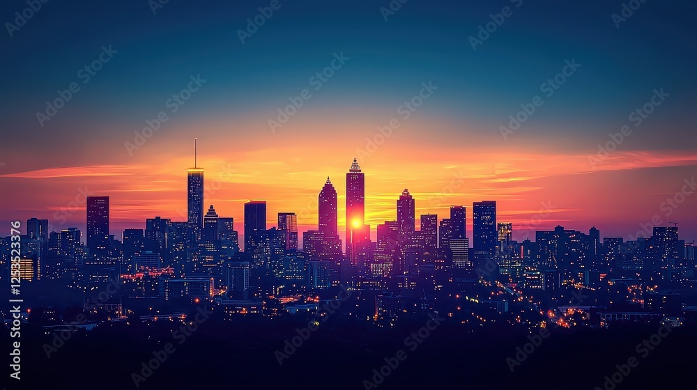 Fototapeta premium Flat vector silhouette of Atlanta skyline, with its iconic skyscrapers and the Georgia State Capitol standing proud under a vast gradient sky, symbolizing ambition and southern charm.