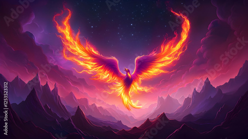 Wallpaper Mural Phoenix soaring, fiery wings against starry skies, mountains below. Fantasy illustration for book cover, posters, or gaming visuals Torontodigital.ca