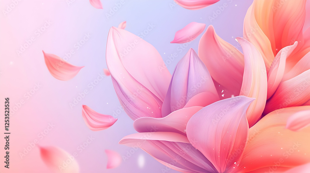 Fototapeta premium Pink petals gently fall around an abstract lotus. Serene, bright background suggests spa, beauty, or invitation concepts