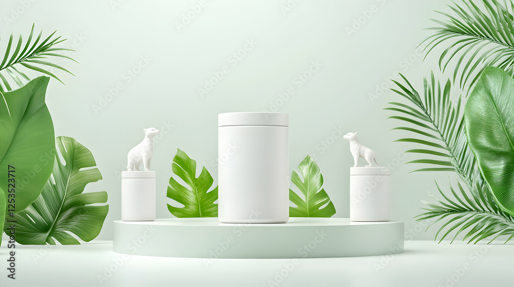 Product display on a pedestal with green tropical leaves against a light background, showcasing a product for cosmetic mockup purposes Product display on a pedestal with green tropical leaves against a light background, showcasing a product for cosmetic mockup purposes