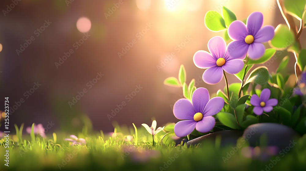 Obraz premium Purple flowers in a garden setting, bathed in sunlight, creating a serene and peaceful background for a spring or summer scene