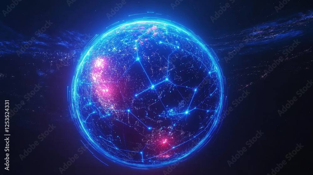 Fototapeta premium 3D-rendered globe with bright blue network links connecting major cities, symbolizing worldwide internet connectivity, digital communication, and global business, isolated on dark gradient background.