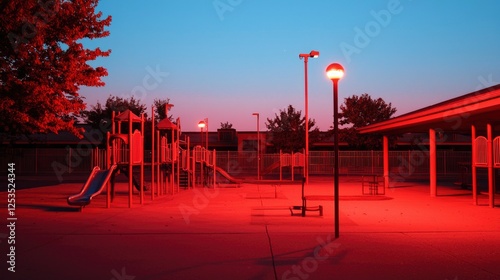 Empty playground at dusk, illuminated with red lights.  Possible use for a stock photo photo