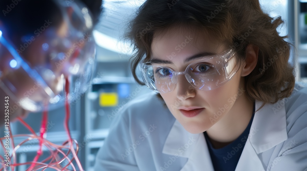 Focused Scientists: Two dedicated scientists, wearing safety goggles, intently study a complex scientific apparatus in a high-tech laboratory, illuminated by soft, blue light. Focused Scientists: Two dedicated scientists, wearing safety goggles, intently study a complex scientific apparatus in a high-tech laboratory, illuminated by soft, blue light.