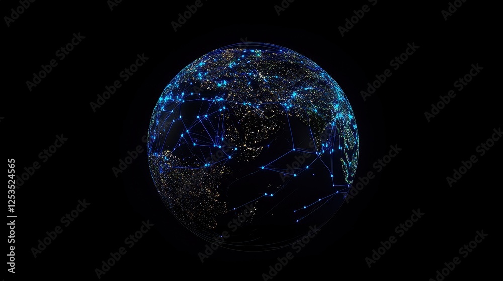 3D-rendered globe with bright blue network links connecting major cities, symbolizing worldwide internet connectivity, digital communication, and global business, isolated on dark gradient background.