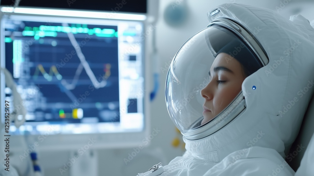Naklejka premium Astronaut in Cryosleep: A female astronaut rests peacefully in a cryosleep chamber, her face serene beneath the visor of her spacesuit. A medical monitor displays vital signs in the background.