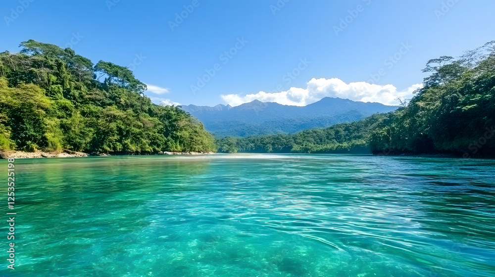 Serene river flows through a lush tropical rainforest. Mountains in background. Stock photo for travel agencies, vacation brochures