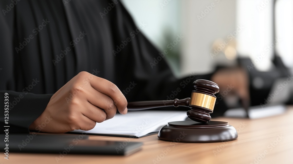 Judge's Gavel and Documents: A close-up shot of a judge's hands holding a gavel, poised above legal documents on a wooden table, signifying justice, law, and legal proceedings. Judge's Gavel and Documents: A close-up shot of a judge's hands holding a gavel, poised above legal documents on a wooden table, signifying justice, law, and legal proceedings.