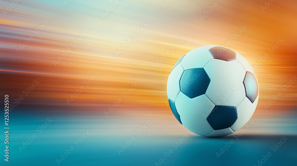 Fototapeta premium A high-speed football with motion blur, glowing orange and yellow light trails curving into the horizon at sunset. A dynamic urban scene capturing energy and action.