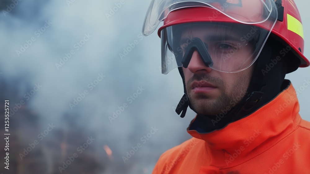 Firefighter's Resolve: A close-up portrait of a firefighter, eyes determined, helmet and protective gear worn,  with a backdrop of smoke and flames.