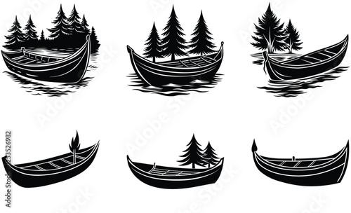 canoe boat silhouette vector set, canoe boat on the river with Mountain