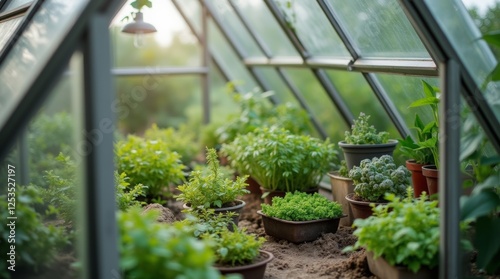 A close-up of a small greenhouse filled with various plants, showcasing the intricate details of the glass structure and the vibrant greenery inside.