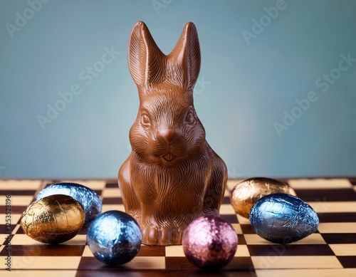 Close Up Eastern Bunnies With Chocolate Eggs On A Chess Board photo