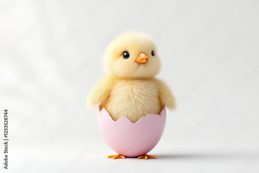 Delightful Easter chick emerging from a pastel pink eggshell against a pristine white background symbolizing springtime rebirth and holiday joy Delightful Easter chick emerging from a pastel pink eggshell against a pristine white background symbolizing springtime rebirth and holiday joy