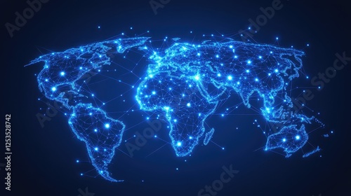 Abstract digital background featuring a glowing Earth with interconnected nodes, representing the internet, blockchain technology, and global data exchange, high-tech business and communication theme.