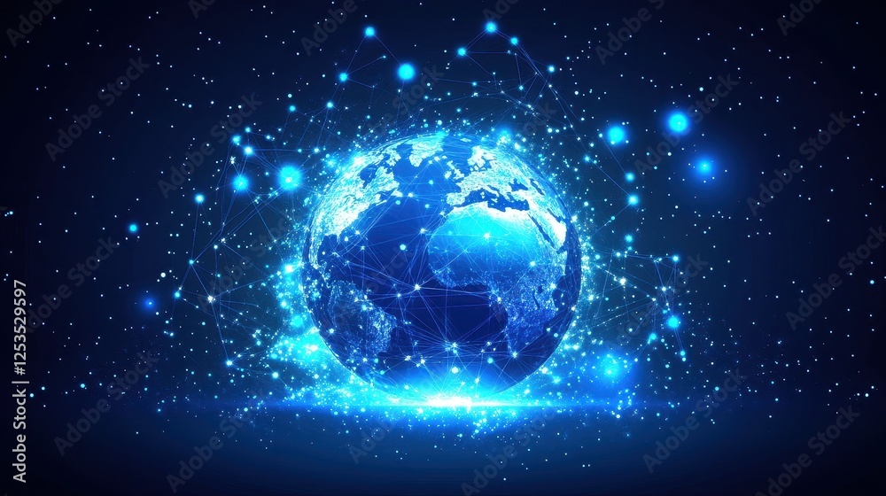 Fototapeta premium Abstract digital background featuring a glowing Earth with interconnected nodes, representing the internet, blockchain technology, and global data exchange, high-tech business and communication theme.