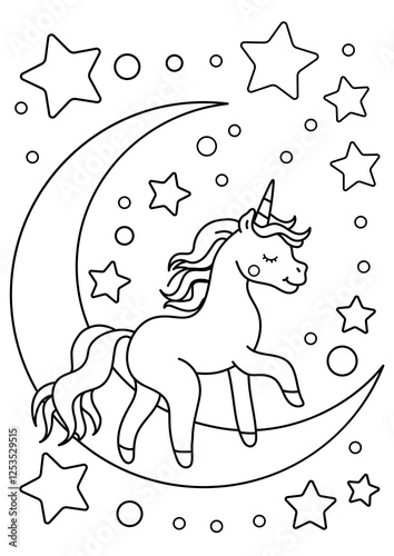 Beautiful unicorn in the sky. Stars and moon. Black and white coloring.