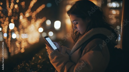 Young woman engrossed in her phone screen at night with blurry bokeh lights background