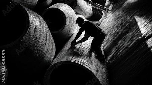 Silhouette of worker handling large cylindrical objects in warehouse. photo