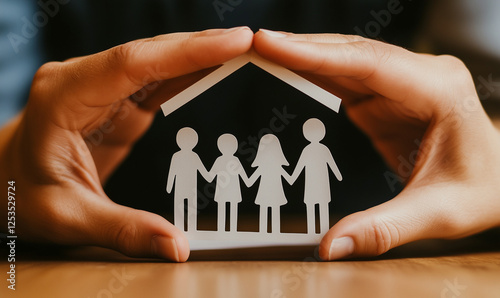 Assicurazione. Mani che proteggono una famiglia o persone care. Avere cura di.