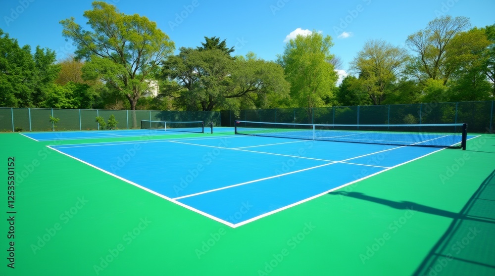 custom made wallpaper toronto digitalA well-maintained tennis court with vibrant blue and green surfaces, surrounded by lush greenery. 