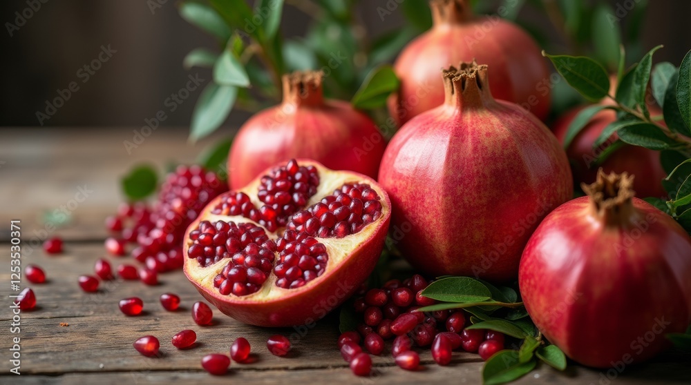 An artistic arrangement of several pomegranates on a rustic wooden table, highlighting their rich colors and unique shapes. An artistic arrangement of several pomegranates on a rustic wooden table, highlighting their rich colors and unique shapes.