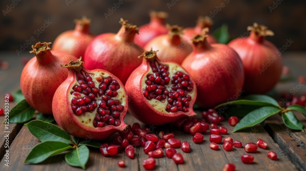 An artistic arrangement of several pomegranates on a rustic wooden table, highlighting their rich colors and unique shapes. An artistic arrangement of several pomegranates on a rustic wooden table, highlighting their rich colors and unique shapes.