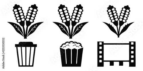 Modern Engraving Illustration Set of Maize Plant, Corn Cobs, and Popcorn Sketches