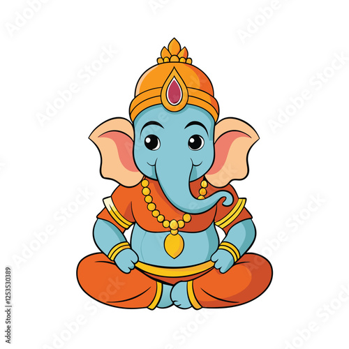 "Colorful cartoon illustration of Lord Ganesha, perfect for spiritual, religious, and cultural branding. Cheerful design with a vibrant look, ideal for Indian festivals, meditation, and iconography."