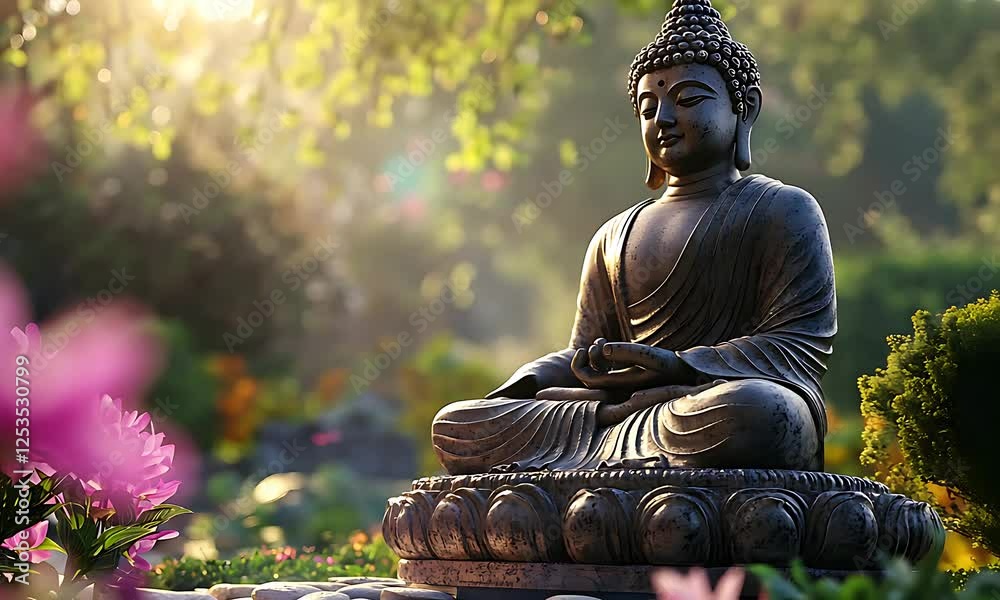 A serene Buddha statue surrounded by flowers in a tranquil garden setting.