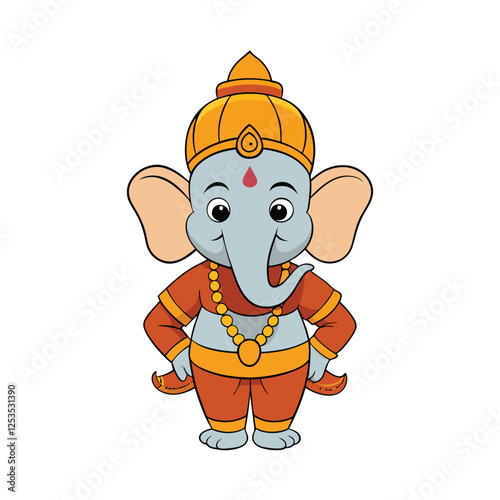 Cute Cartoon Lord Ganesha Standing in Traditional Attire Adorable Hindu Elephant God Ganesh Vector Illustration Spiritual Ganapati Design for Festivals and Devotion