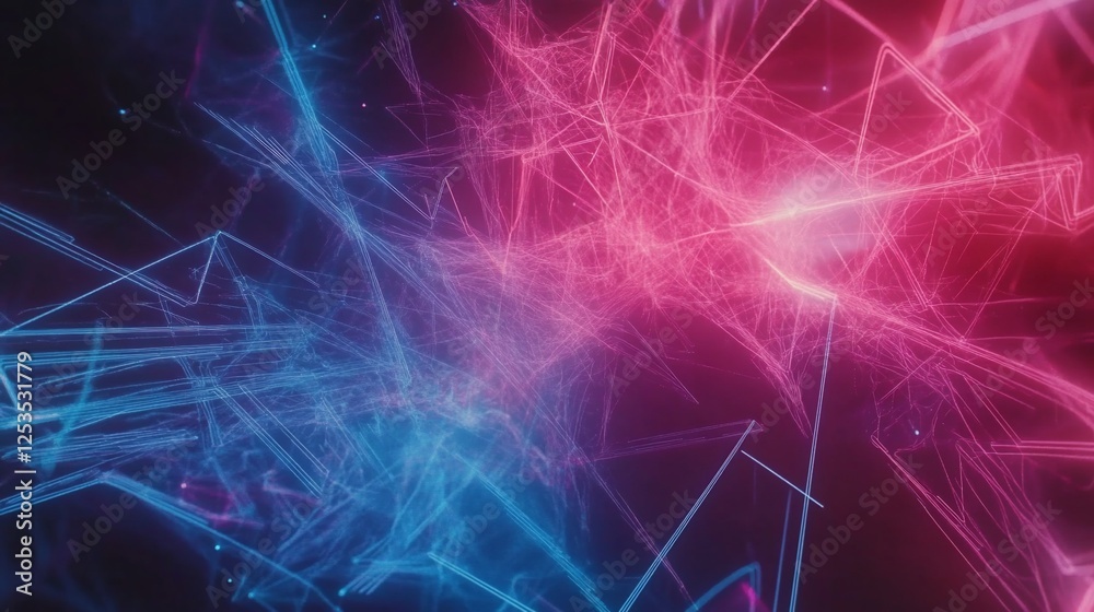 Abstract digital network with glowing lines and geometric shapes in blue and pink tones Abstract digital network with glowing lines and geometric shapes in blue and pink tones