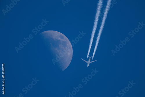 half moon and airplane on the blue clear sky     