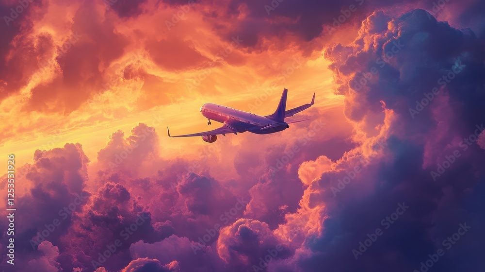 A commercial airplane flying gracefully through vibrant sunset skies, surrounded by dramatic, colorful clouds, symbolizing the beauty and freedom of air travel. A commercial airplane flying gracefully through vibrant sunset skies, surrounded by dramatic, colorful clouds, symbolizing the beauty and freedom of air travel.