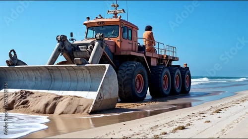 Beach Sand Nourishment: Heavy Equipment Moves Sand on Shore - Coastal Restoration