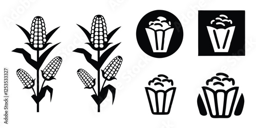 Modern Engraving Illustration Set of Maize Plant, Corn Cobs, and Popcorn Sketches