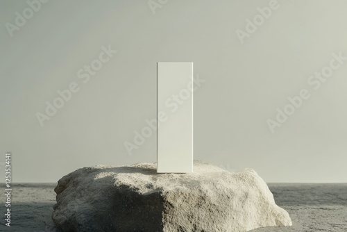 Blank white product display on rock, desert landscape, mockup photo