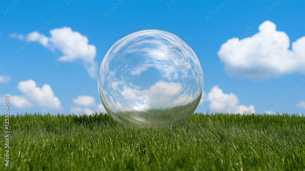 transparent sphere resting on lush green grass under bright blue sky with fluffy clouds creates serene and playful atmosphere transparent sphere resting on lush green grass under bright blue sky with fluffy clouds creates serene and playful atmosphere