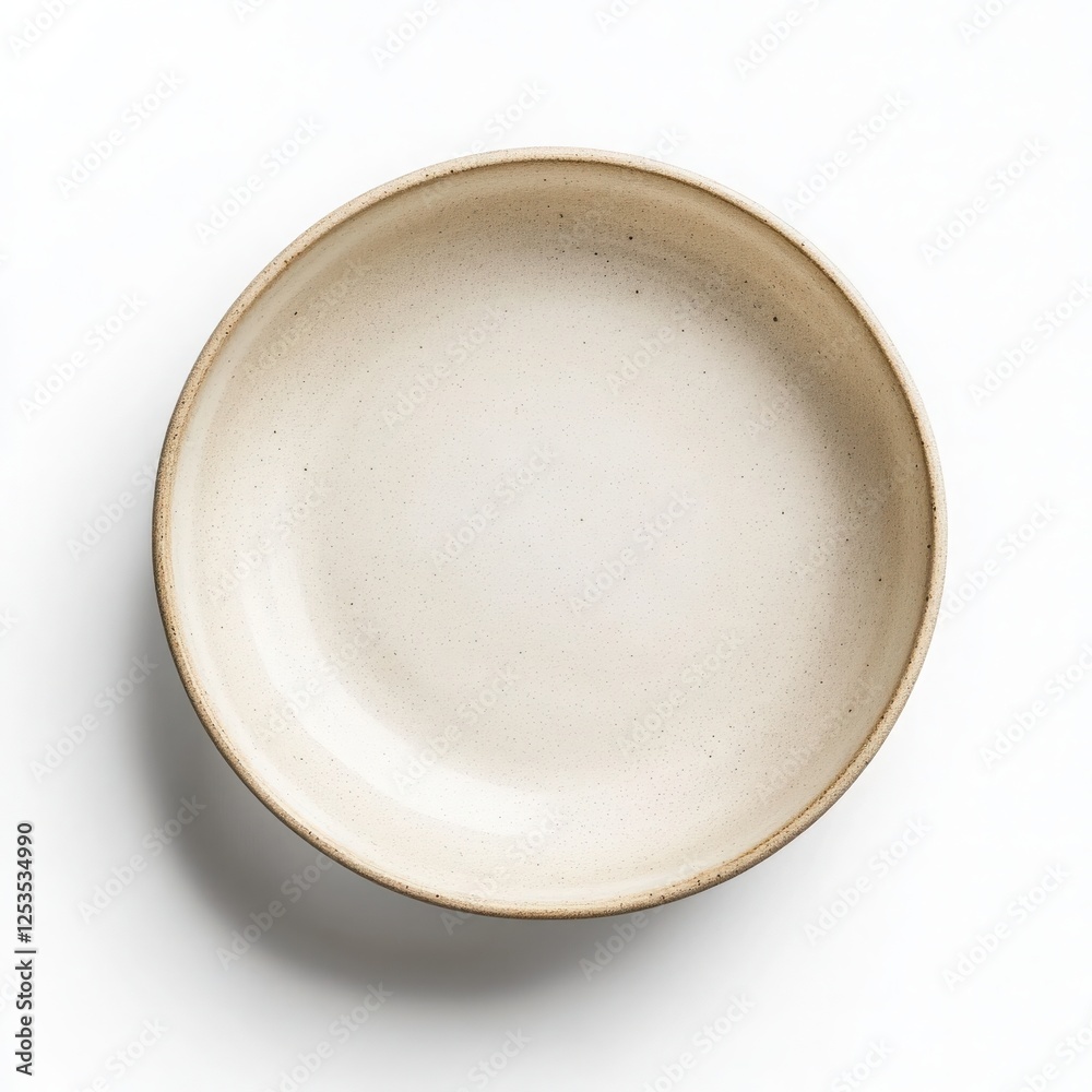 Empty light beige ceramic bowl, round shape, speckled texture, on a pure white background, top view, studio shot Empty light beige ceramic bowl, round shape, speckled texture, on a pure white background, top view, studio shot