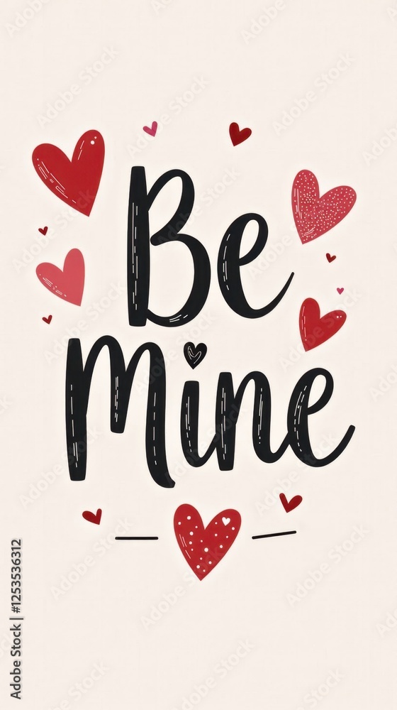 Be mine - simple Valentine's Day card, lettering phrase, red hearts on pink background
Be mine - simple Valentine's Day card, lettering phrase, red hearts on pink background