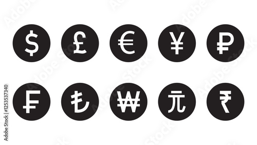 International currency sign symbol set include dollar pound sterling Euro Yen Ruble Franc Lira Won Yuan and Rupee for money transfer and investment forex exchange concept , Illustrator and EPS file.