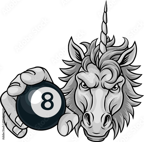 Unicorn horse stallion angry pool billiards sports team mascot holding a ball.