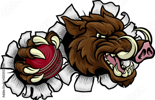 A wild boar, hog razorback warthog pig mean tough cartoon sports mascot holding a cricket ball photo