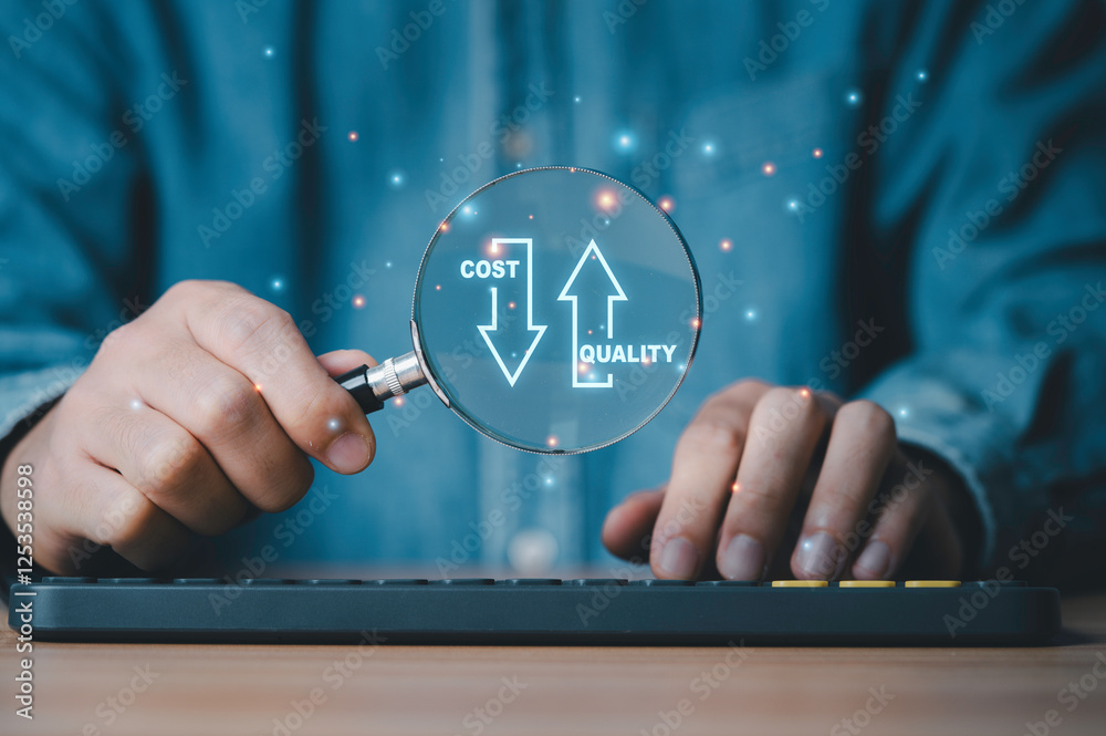 Φωτογραφία Businessman holding magnifier glass with cost down arrow and quality up arrow for focus business cost reduction and product quality increasing concept