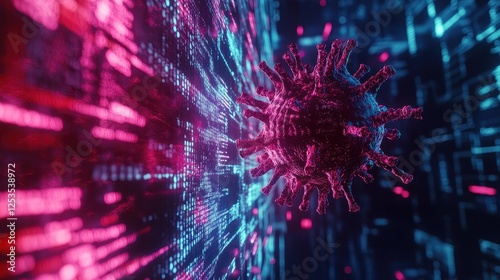 Abstract representation of a virus infiltrating a network, neon-colored data streams, glitch effects, and cyber attack warnings, isolated on dark background, copy space for digital security concept.  photo